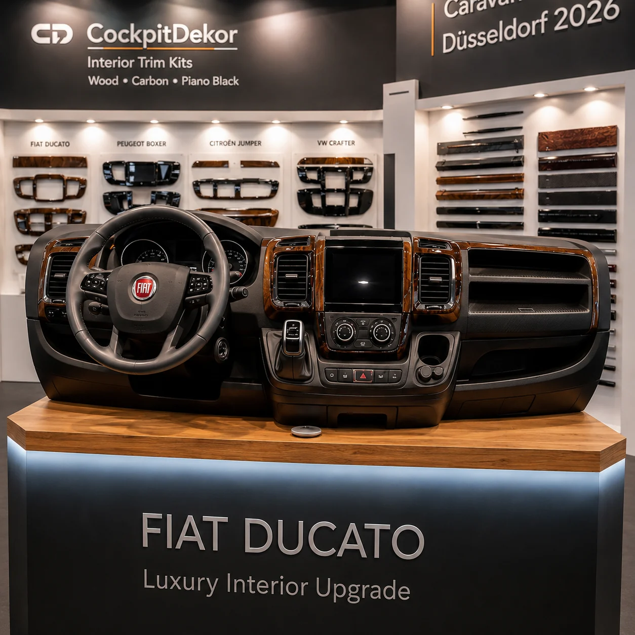 Fiat Ducato cockpit display with premium wood trim at a CockpitDekor stand concept