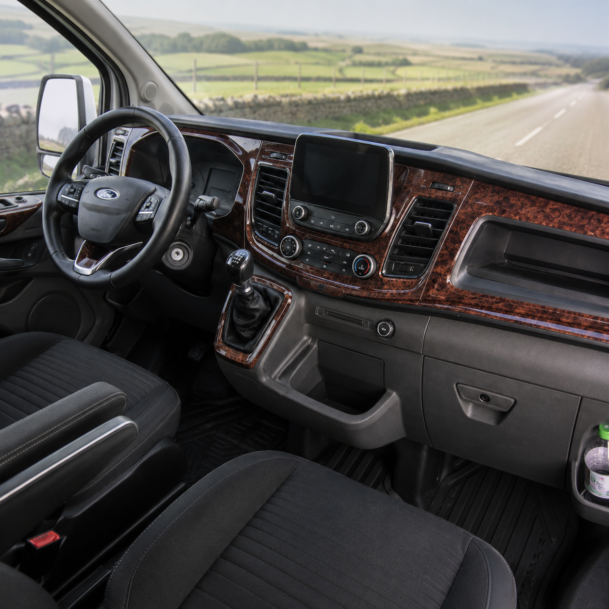 Ford New Transit cockpit three-quarter view with dark burl trim concept